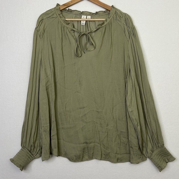 Joie Tops - JOIE 1X Satin Long Sleeve Tie Neck Peasant Boho Blouse Green